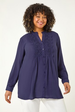 Roman Curve Lace Trim Pintuck Blouse