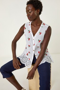 Roman Cherry Print Crinkle Button Blouse