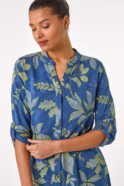 Roman Denim Leaf Print Cotton Blouse