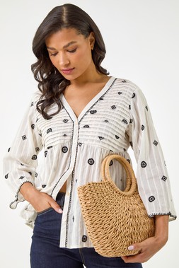 Roman Ivory Embroidered V-Neck Blouse