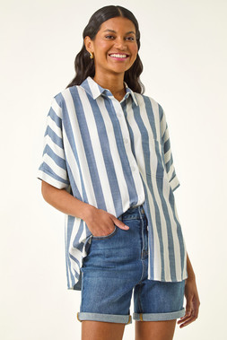 Roman Light Blue Stripe Print Button Detail Shirt