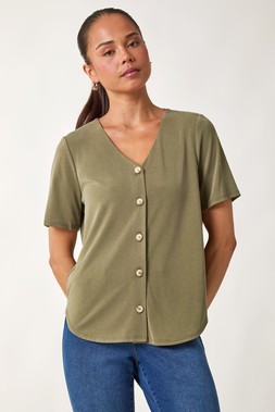 Petite Khaki V-Neck Buttoned Blouse