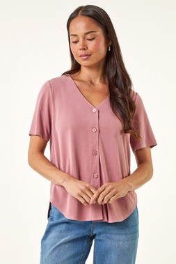 Roman Petite Pink V-Neck Buttoned Blouse