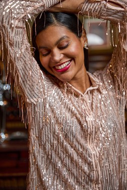 Roman Light Pink Sequin Tassel Stretch Shirt