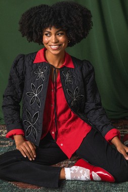 Roman Red Floral Embroidered Collared Shirt