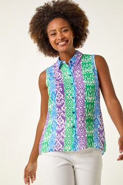 Roman Blue Stripe Print Sleevess Blouse