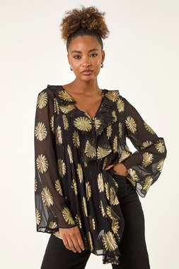 Roman Black Floral Jacquard Frill Buttoned Blouse