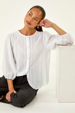 Roman Petite White Textured Buttoned Blouse