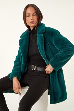 Roman Petite Teal Longline Faux Fur Coat