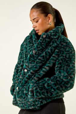 Roman Petite Green Leopard Faux Fur Coat