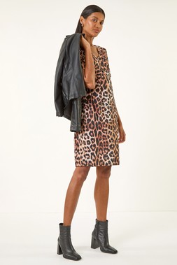 Roman Brown Animal Leopard Print Stretch Shift Dress