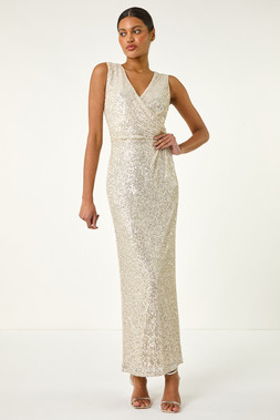 Roman Silver Sequin Side Twist Wrap Maxi Dress