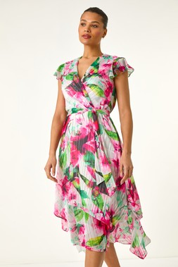 Roman Pink Floral Ruffle Tie Waist Midi Dress