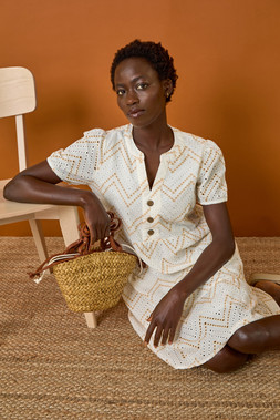 Roman Cream Zig-Zag Embroidered Cotton Tunic Dress