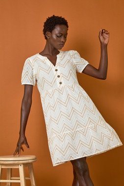 Roman Cream Zig-Zag Embroidered Cotton Tunic Dress