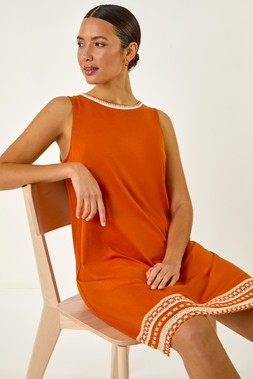 Roman Dark Orange Embroidered Trim Stretch Dress
