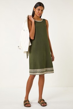 Roman Khaki Embroidered Trim Stretch Shift Dress
