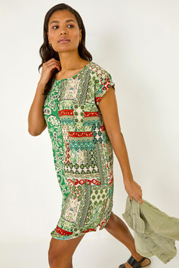 Roman Green Paisley Print Smocked T-Shirt Dress