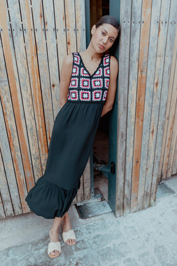 Roman Coral Sleeveless Crochet Fit & Flare Midi Dress