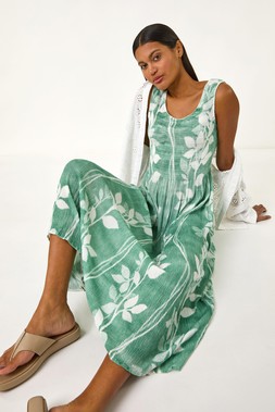Roman Light Blue Leaf Print Shirred Bodice Midi Dress