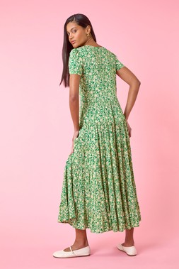 Roman Green Floral Ruched Midi Dress