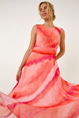 Roman Petite Coral Tie Dye Gathered Midi Dress