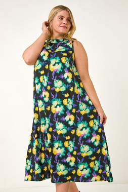 Roman Curve Green Floral Print A-Line Dress