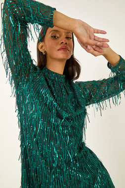Roman Dusk Green All Over Fringe Shift Dress