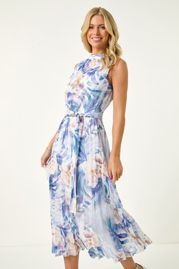 Roman Petite Blue Floral Pleated Halter Neck Midi Dress