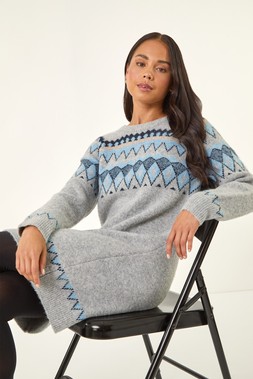Roman Petite Grey Nordic Pattern Knit Jumper Dress