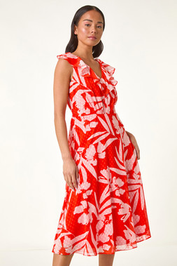 Roman Petite Red Floral Frill Front Dress