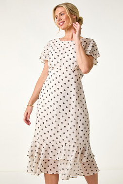 Roman Petite Ivory Spot Double Frill Hem Dress