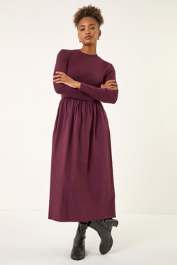 Roman Burgundy Cotton Stretch Jersey Mix Midi Dress
