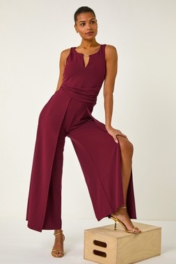 Roman Wine Ruched Front Crossover Jumpsuit