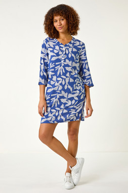 Roman Navy Leaf Print Button Shift Dress