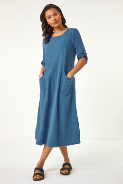 Roman Blue Textured A-line Midi Dress