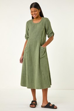 Roman Khaki Textured A-Line Midi Dress
