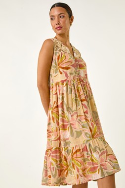 Roman Leaf Print Lace Detail Smock Dress