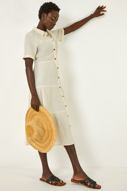 Roman Natural Embroidery Detail Tiered Midi