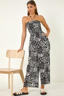 Roman Abstract Print Shirred Bandeau Jumpsuit