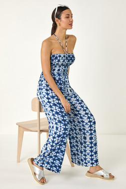Roman Abstract Shirred Bardot Jumpsuit