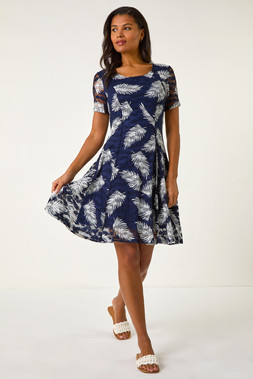 Roman Navy Leaf Print Lace Stretch Dress
