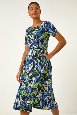 Roman Blue Leaf Print Gathered Midi Dress