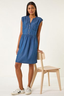 Roman Denim Denim Button Detail Gathered Dress