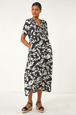 Roman Black Abstract Print Tie Front Midi Dress