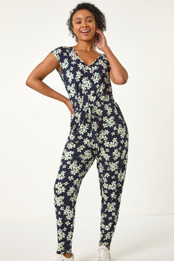 Roman Petite Navy Floral Print Tie Stretch Jumpsuit