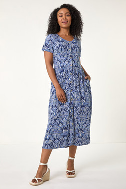 Roman Petite Blue Paisley Button Front Dress