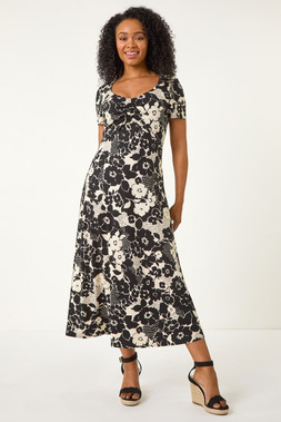 Roman Petite Black Floral Ruched Front Dress