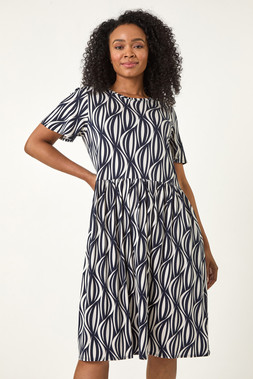 Roman Petite Navy Geometric Pocket Dress