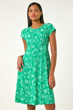 Roman Green Stretch Floral Puff Print Midi Dress